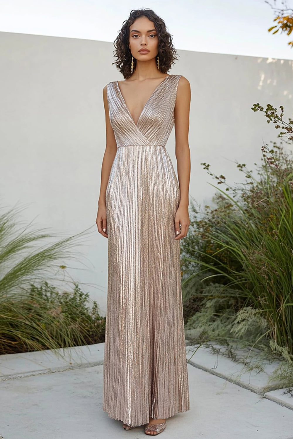 ZAPAKA Women Champagne Formal Dress Metallic Pleated V-neck Sheath Long Prom Dress ZAPAKA Women Champagne Formal Dress Metallic Pleated V-neck Sheath Long Prom Dress