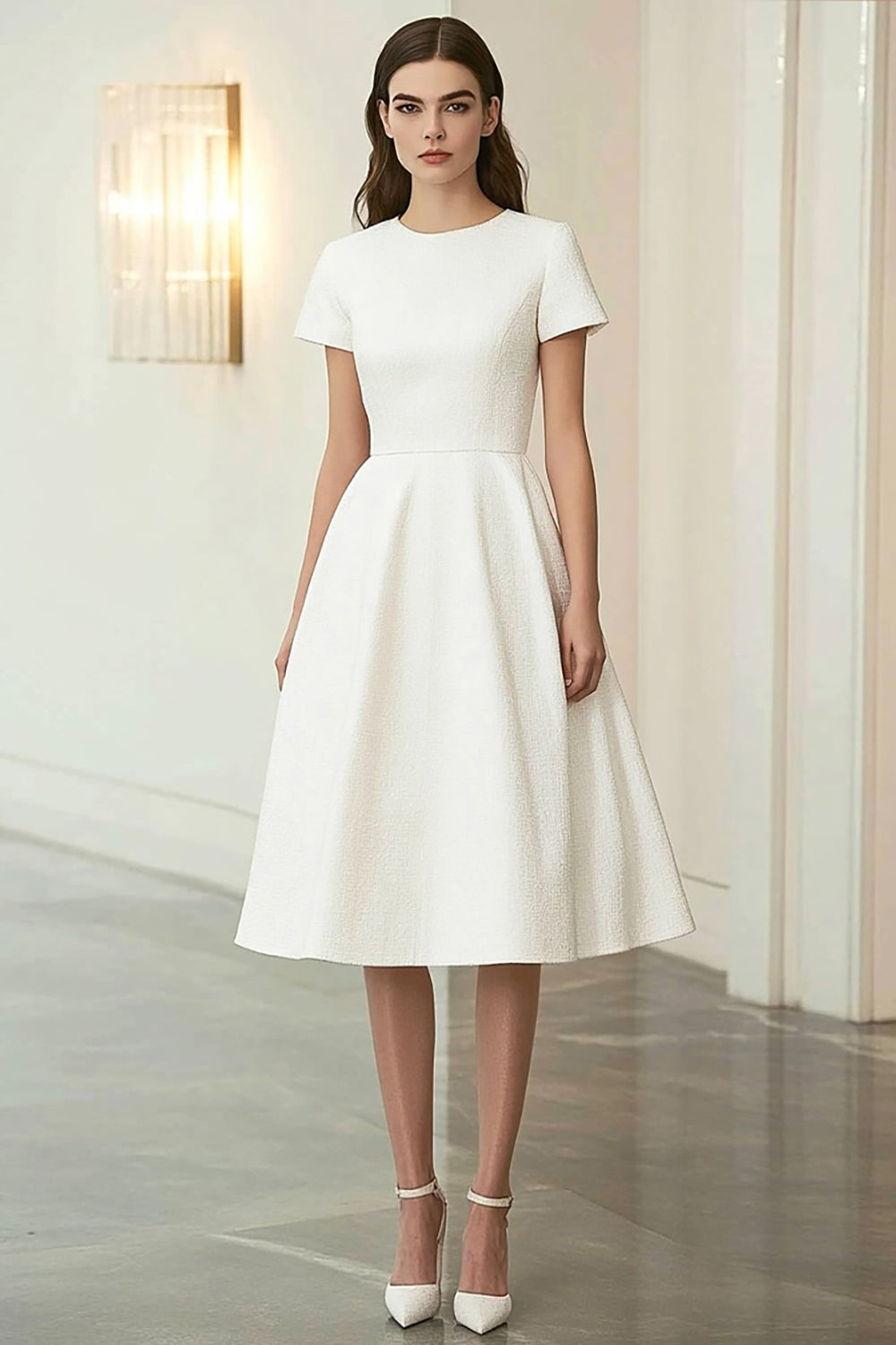 ZAPAKA Women Ivory Formal Dress with Short Sleeves Jacquard Round Neck A-Line Midi Length Prom Dress ZAPAKA Women Ivory Formal Dress with Short Sleeves Jacquard Round Neck A-Line Midi Length Prom Dress