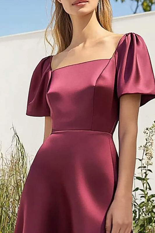 Burgundy Satin Square Neck A-Line Tea Length Formal Dress with Short Sleeves
