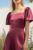 Burgundy Satin Square Neck A-Line Tea Length Formal Dress with Short Sleeves Burgundy Satin Square Neck A-Line Tea Length Formal Dress with Short Sleeves
