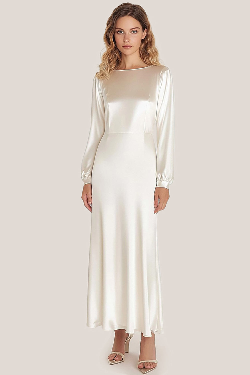 Ivory Satin Scoop Neck A-Line Ankle Length Formal Dress with Long Sleeves Ivory Satin Scoop Neck A-Line Ankle Length Formal Dress with Long Sleeves