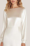 Ivory Satin Scoop Neck A-Line Ankle Length Formal Dress with Long Sleeves Ivory Satin Scoop Neck A-Line Ankle Length Formal Dress with Long Sleeves