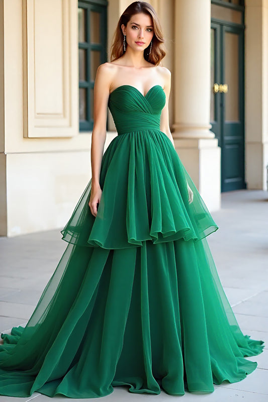 Green Ruffled Sweetheart Organza Long Prom Dress