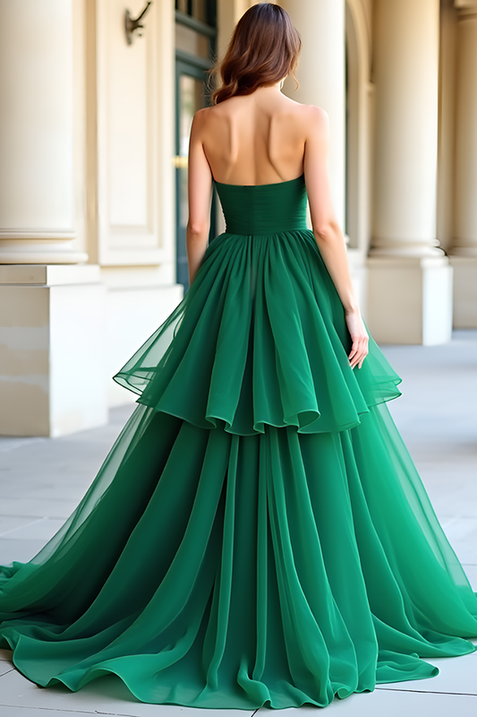 Green Ruffled Sweetheart Organza Long Prom Dress
