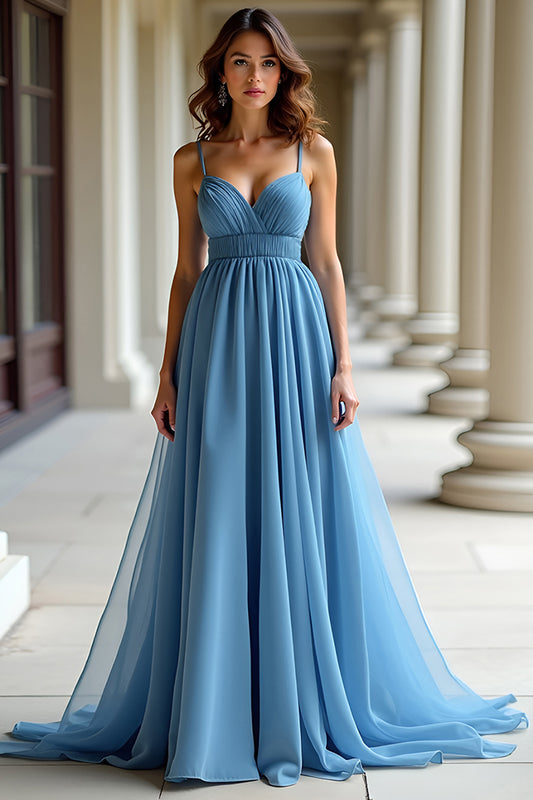 A Line Spaghetti Straps Blue Organza Prom Dress