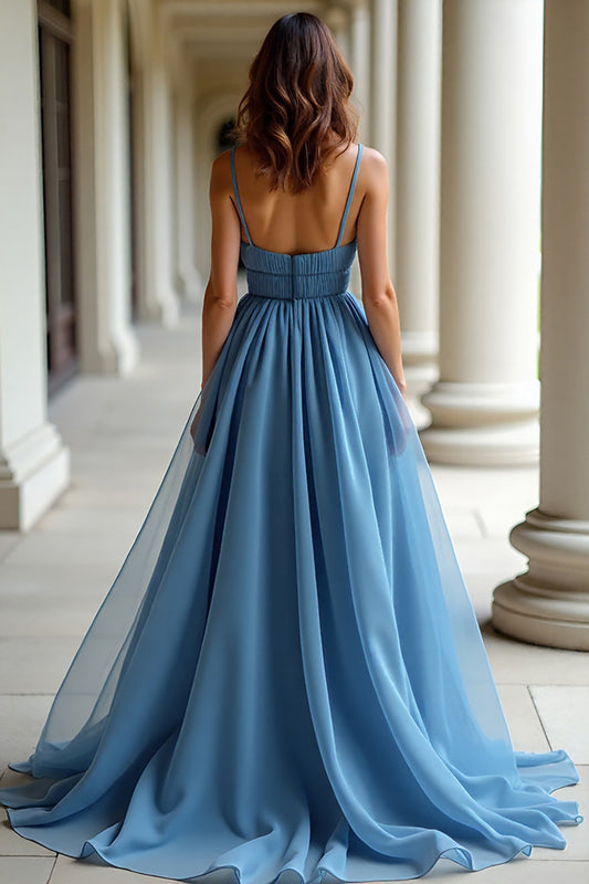 A Line Spaghetti Straps Blue Organza Prom Dress