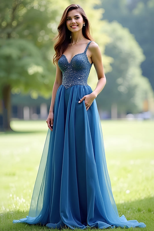 A Line Grey Blue Spaghetti Straps Tulle Long Prom Dress