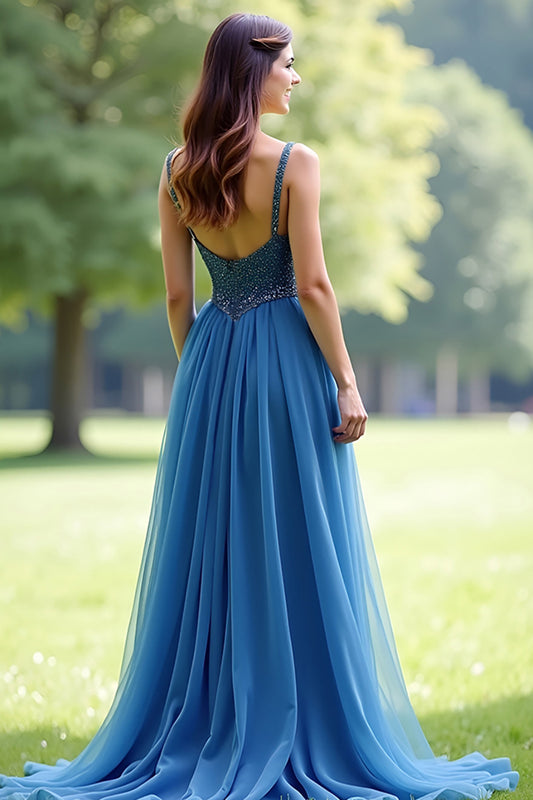 A Line Grey Blue Spaghetti Straps Tulle Long Prom Dress