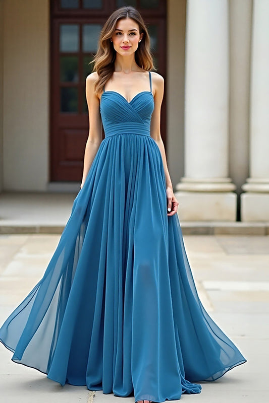 Simpe Ruched Blue Spaghetti Straps A Line Long Prom Dress