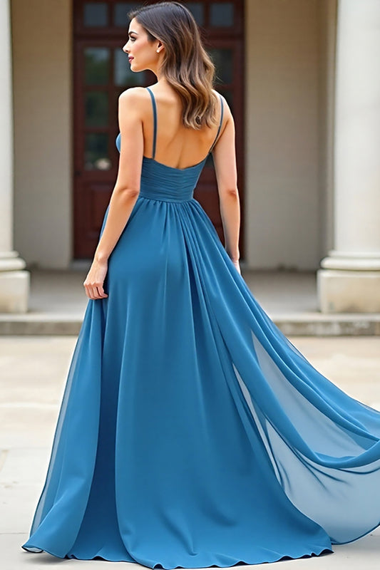 Simpe Ruched Blue Spaghetti Straps A Line Long Prom Dress