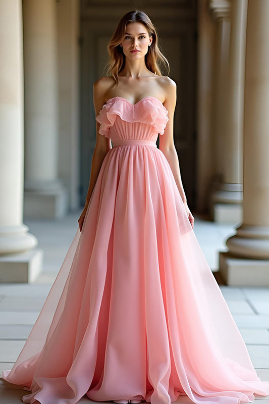 A Line Sweetheart Pink Long Ruffled Prom Dress