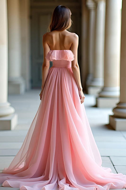 A Line Sweetheart Pink Long Ruffled Prom Dress