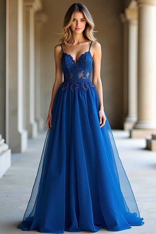 Elegant Dark Blue Spaghetti Straps Prom Dress with Appliques