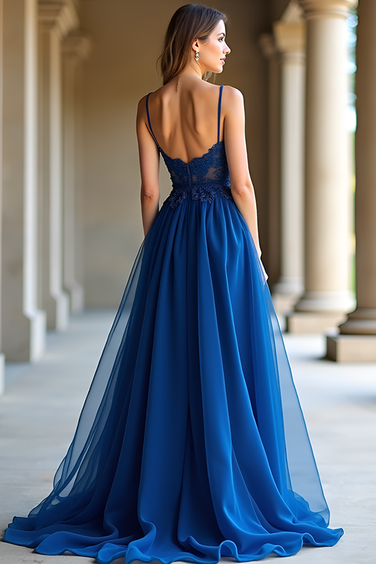 Elegant Dark Blue Spaghetti Straps Prom Dress with Appliques
