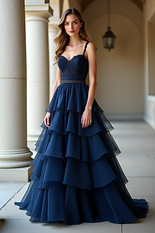 Navy Ruffles Long A Line Prom Dress with Appliques
