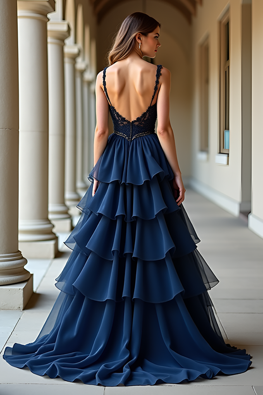 Navy Ruffles Long A Line Prom Dress with Appliques