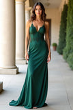 Dark Green Sheath Spaghetti Straps Satin Prom Dress with Appliques Dark Green Sheath Spaghetti Straps Satin Prom Dress with Appliques