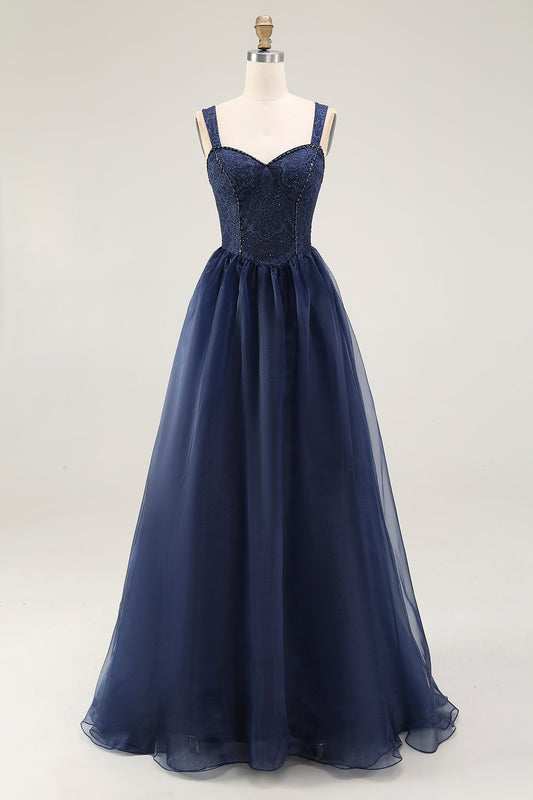 Navy Thick Straps A Line Long Prom Dress with Lace