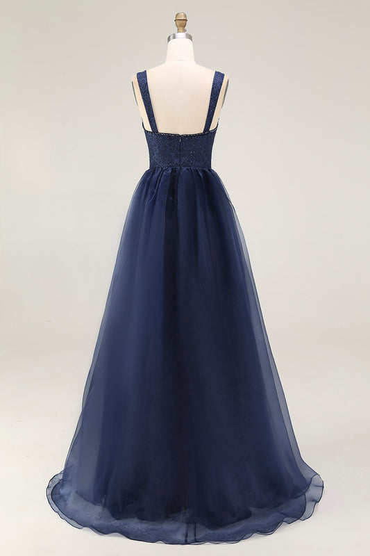 Navy Thick Straps A Line Long Prom Dress with Lace