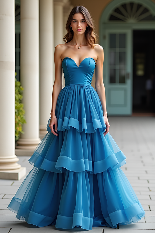 Blue Sweetheart A Line Long Prom Dress with Ruffles