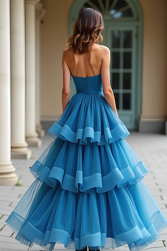 Blue Sweetheart A Line Long Prom Dress with Ruffles