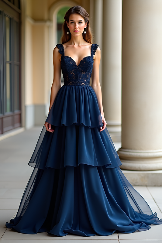 Navy Appliqued A Line Long Prom Dress with Ruffles
