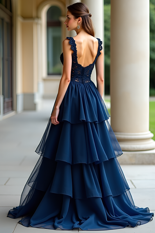 Navy Appliqued A Line Long Prom Dress with Ruffles
