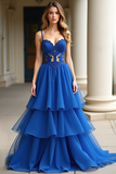 Spaghetti Straps Royal Blue Appliqued A Line Long Prom Dress with Ruffles Spaghetti Straps Royal Blue Appliqued A Line Long Prom Dress with Ruffles