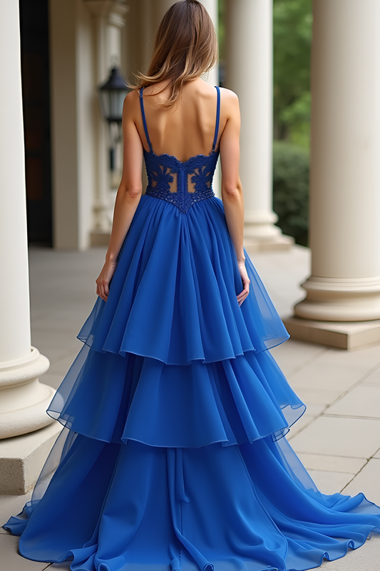 Spaghetti Straps Royal Blue Appliqued A Line Long Prom Dress with Ruffles