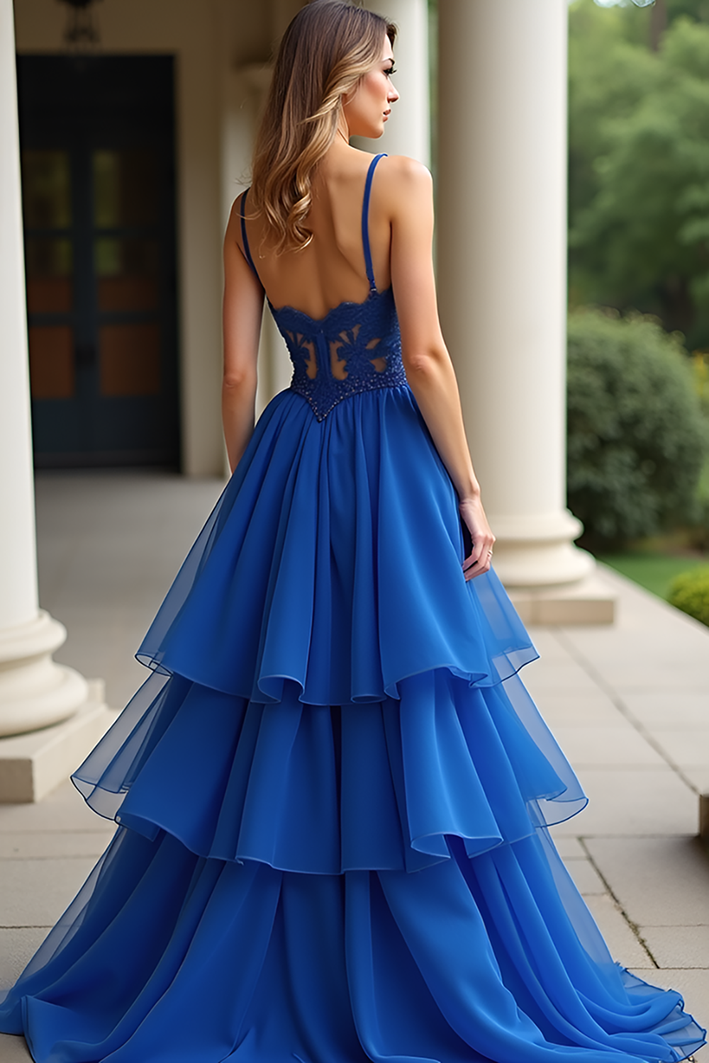 Spaghetti Straps Royal Blue Appliqued A Line Long Prom Dress with Ruffles Spaghetti Straps Royal Blue Appliqued A Line Long Prom Dress with Ruffles