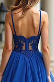 Spaghetti Straps Royal Blue Appliqued A Line Long Prom Dress with Ruffles Spaghetti Straps Royal Blue Appliqued A Line Long Prom Dress with Ruffles