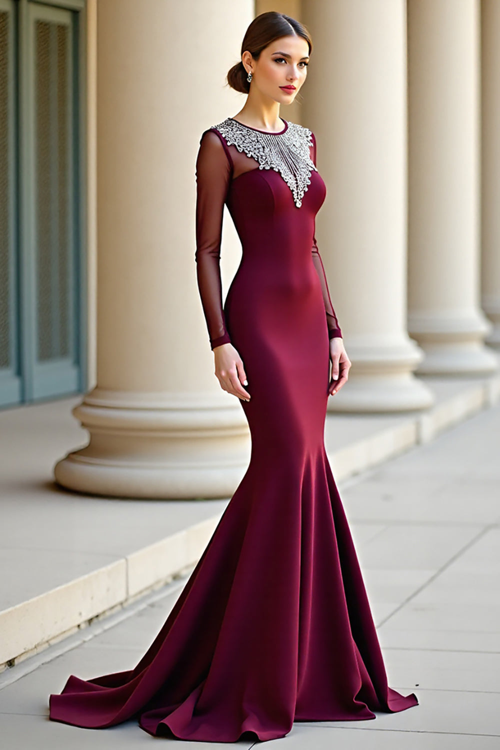 Burgundy Round Neck Mermaid Long Sleeves Prom Dress with Beadings Burgundy Round Neck Mermaid Long Sleeves Prom Dress with Beadings