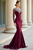 Burgundy Round Neck Mermaid Long Sleeves Prom Dress with Beadings Burgundy Round Neck Mermaid Long Sleeves Prom Dress with Beadings