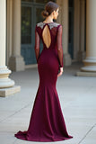 Burgundy Round Neck Mermaid Long Sleeves Prom Dress with Beadings Burgundy Round Neck Mermaid Long Sleeves Prom Dress with Beadings