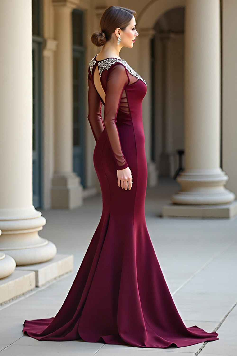 Burgundy Round Neck Mermaid Long Sleeves Prom Dress with Beadings Burgundy Round Neck Mermaid Long Sleeves Prom Dress with Beadings