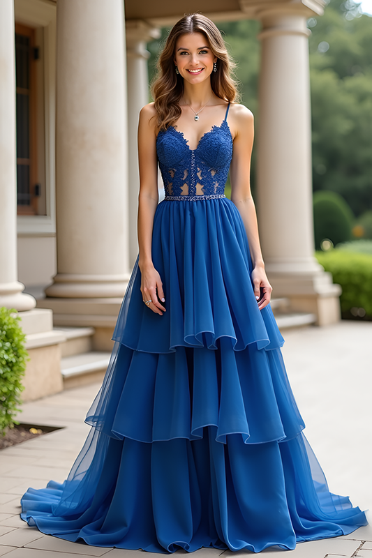 Appliqued Spaghetti Straps Dark Blue A Line Long Prom Dress with Ruffles