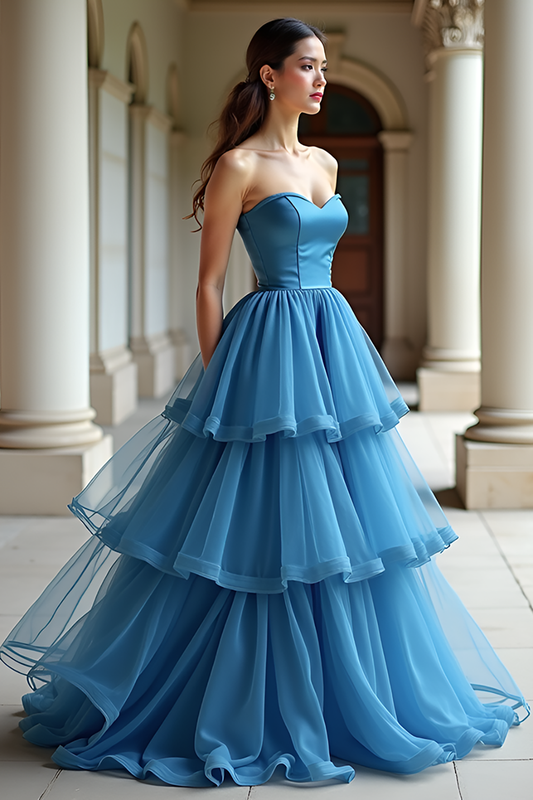 A Line Sweetheart Blue Long Prom Dress with Ruffles