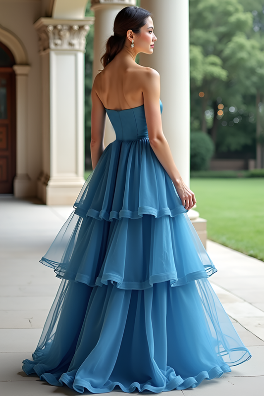 A Line Sweetheart Blue Long Prom Dress with Ruffles