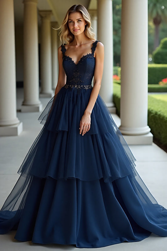 Navy Long A Line Appliqued Prom Dress with Ruffles
