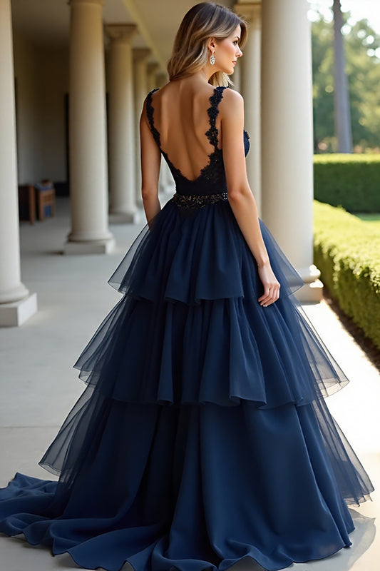 Navy Long A Line Appliqued Prom Dress with Ruffles