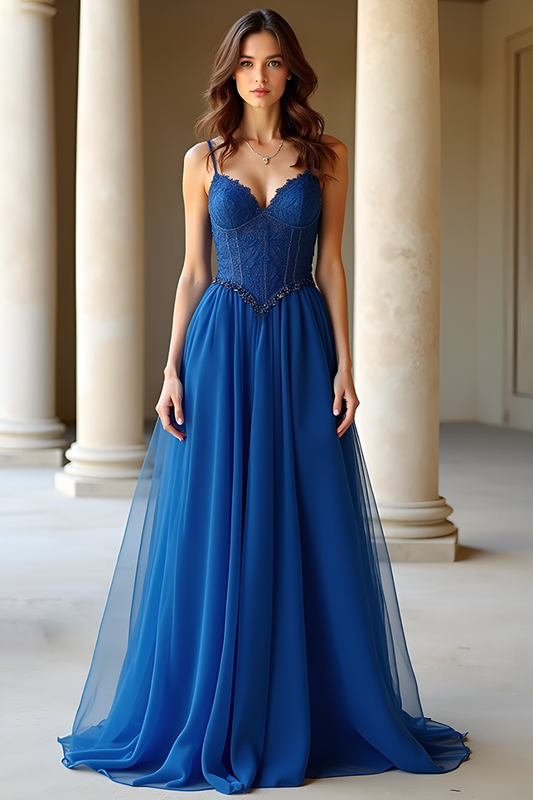 Dark Blue A Line Chiffon Spaghetti Straps Long Prom Dress with Appliques