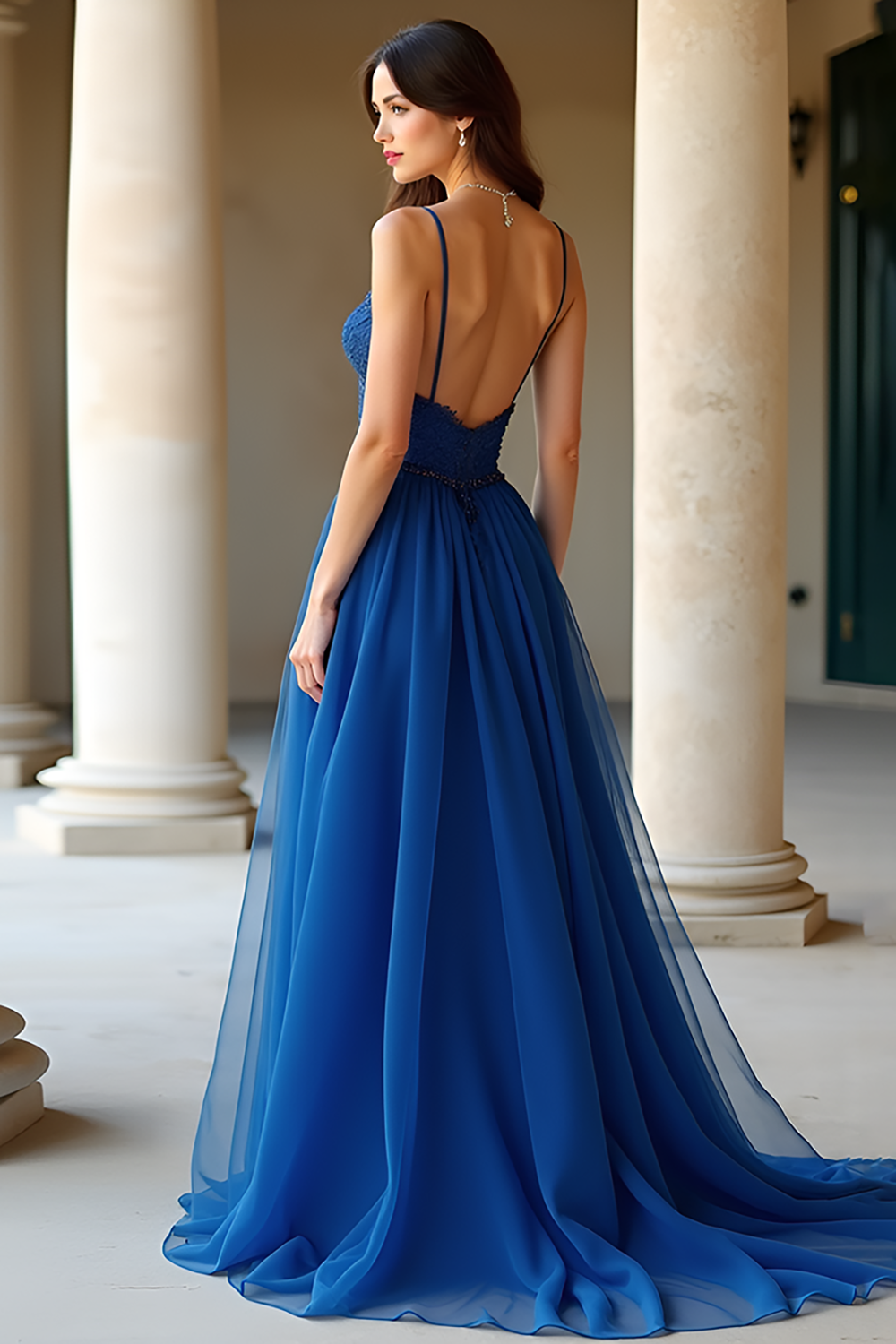 Dark Blue A Line Chiffon Spaghetti Straps Long Prom Dress with Appliques Dark Blue A Line Chiffon Spaghetti Straps Long Prom Dress with Appliques