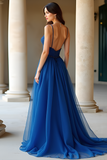 Dark Blue A Line Chiffon Spaghetti Straps Long Prom Dress with Appliques Dark Blue A Line Chiffon Spaghetti Straps Long Prom Dress with Appliques