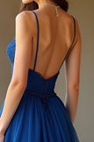 Dark Blue A Line Chiffon Spaghetti Straps Long Prom Dress with Appliques Dark Blue A Line Chiffon Spaghetti Straps Long Prom Dress with Appliques