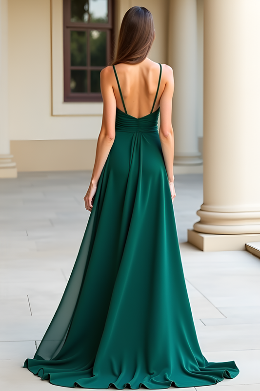 Dark Green Long Spaghetti Straps Ruched Prom Dress with Slit