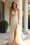Champagne Chiffon Spaghetti Straps Long A Line Prom Dress with Slit Champagne Chiffon Spaghetti Straps Long A Line Prom Dress with Slit