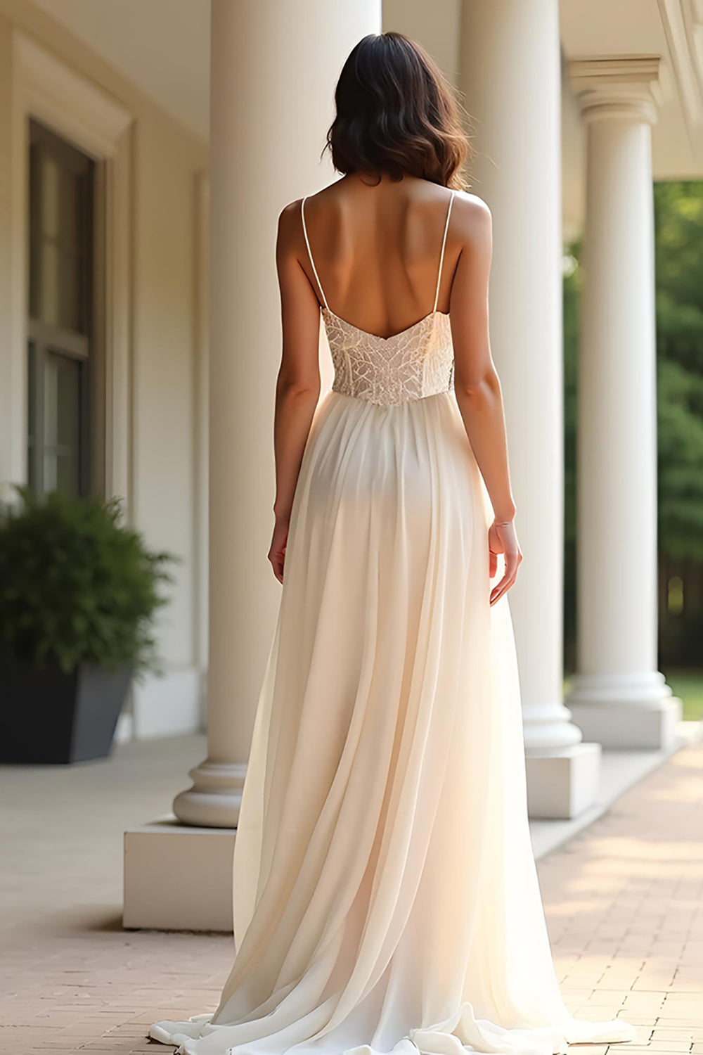 Champagne Chiffon Spaghetti Straps Long A Line Prom Dress with Slit Champagne Chiffon Spaghetti Straps Long A Line Prom Dress with Slit