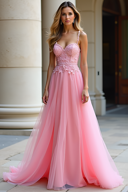 Lace A Line Pink Sweetheart Tulle Long Prom Dress
