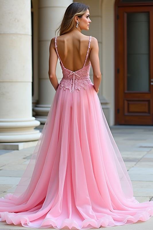 Lace A Line Pink Sweetheart Tulle Long Prom Dress