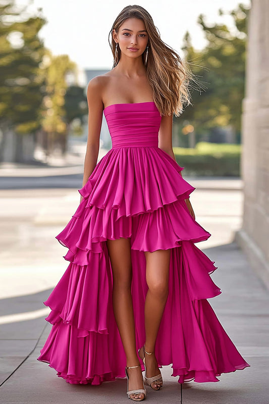 Fuchsia Tiered Strapless Asymmetrical High-Low Prom Dress